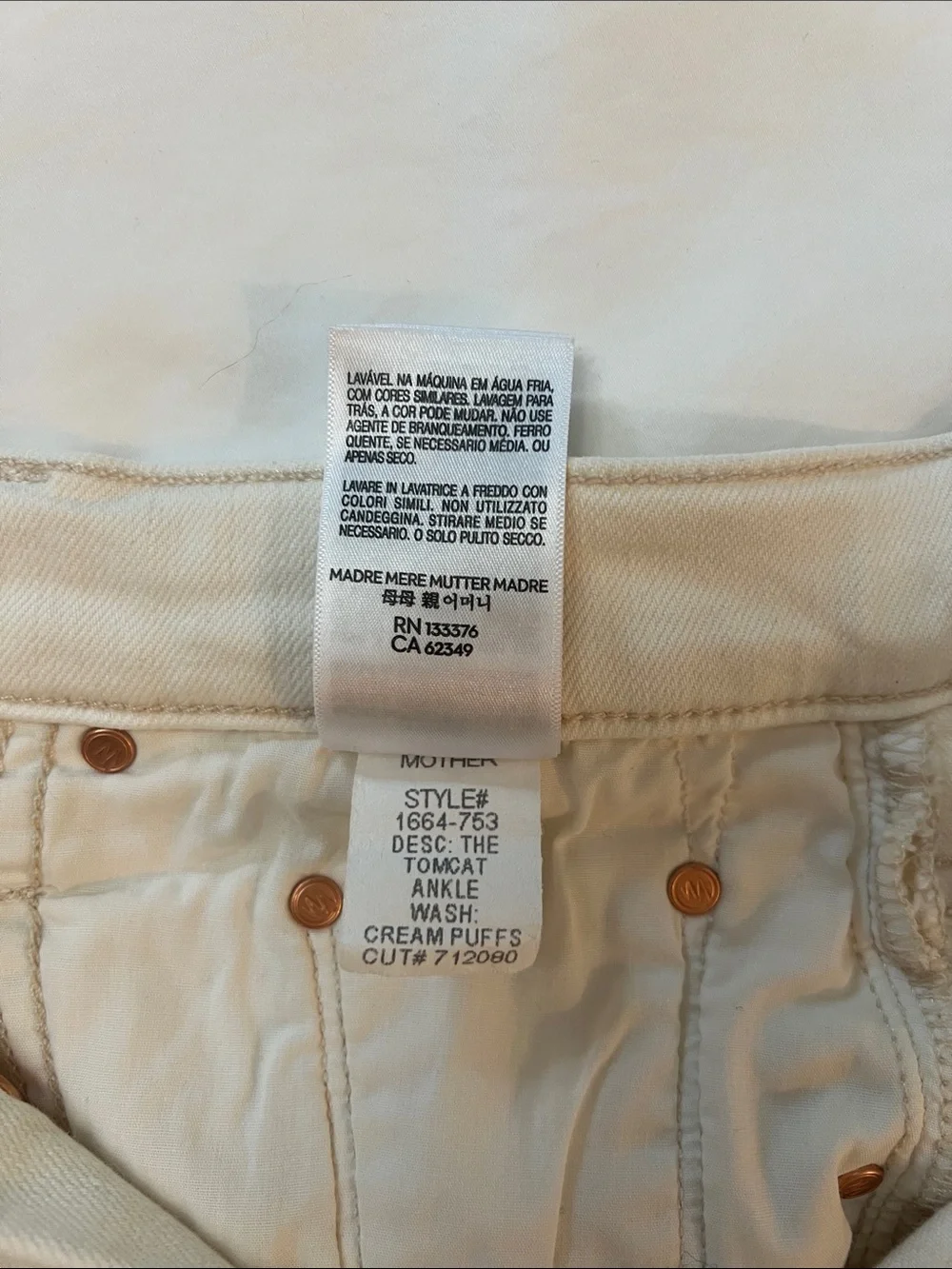 MOTHER The Tomcat Ankle Cream Puffs High Rise Straight Leg Jean Off White 27
